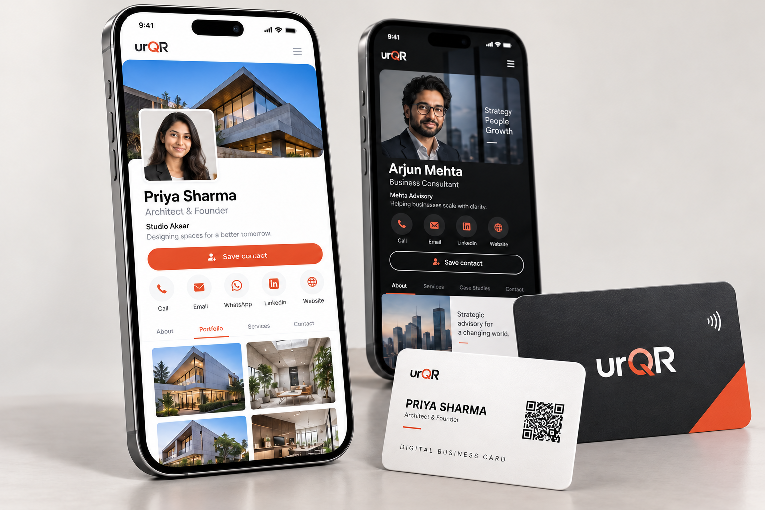 urQR digital business cards displayed on phones with matching physical QR cards